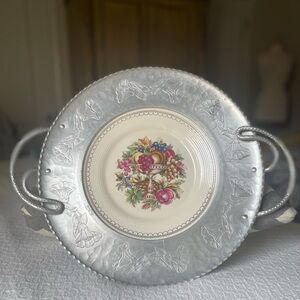 Vintage Hammered Aluminum tray with Limoges plate